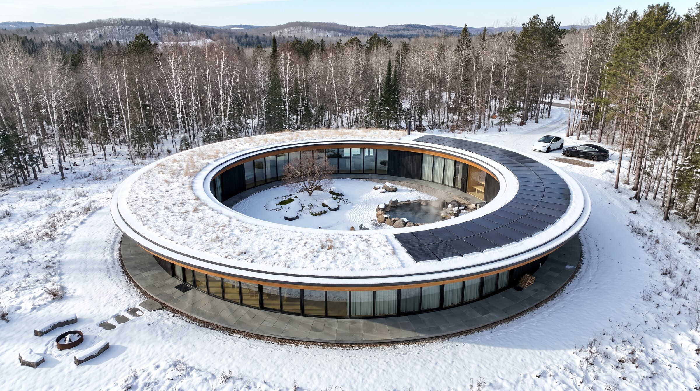 The ring in the snowy forest from above